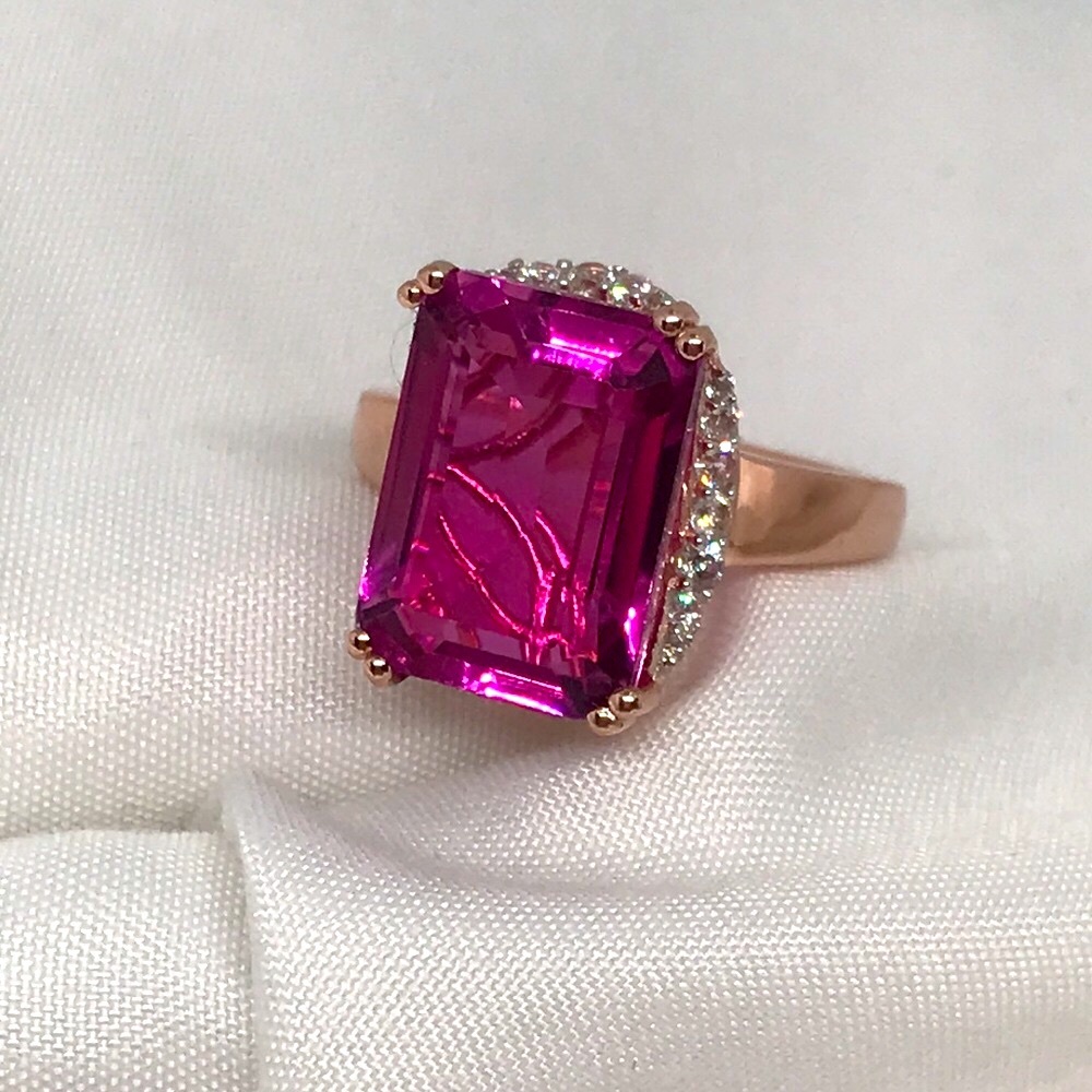 🌹Pink Quartz in Rose Gold over Sterling Silver w/ Zircons Sz 7